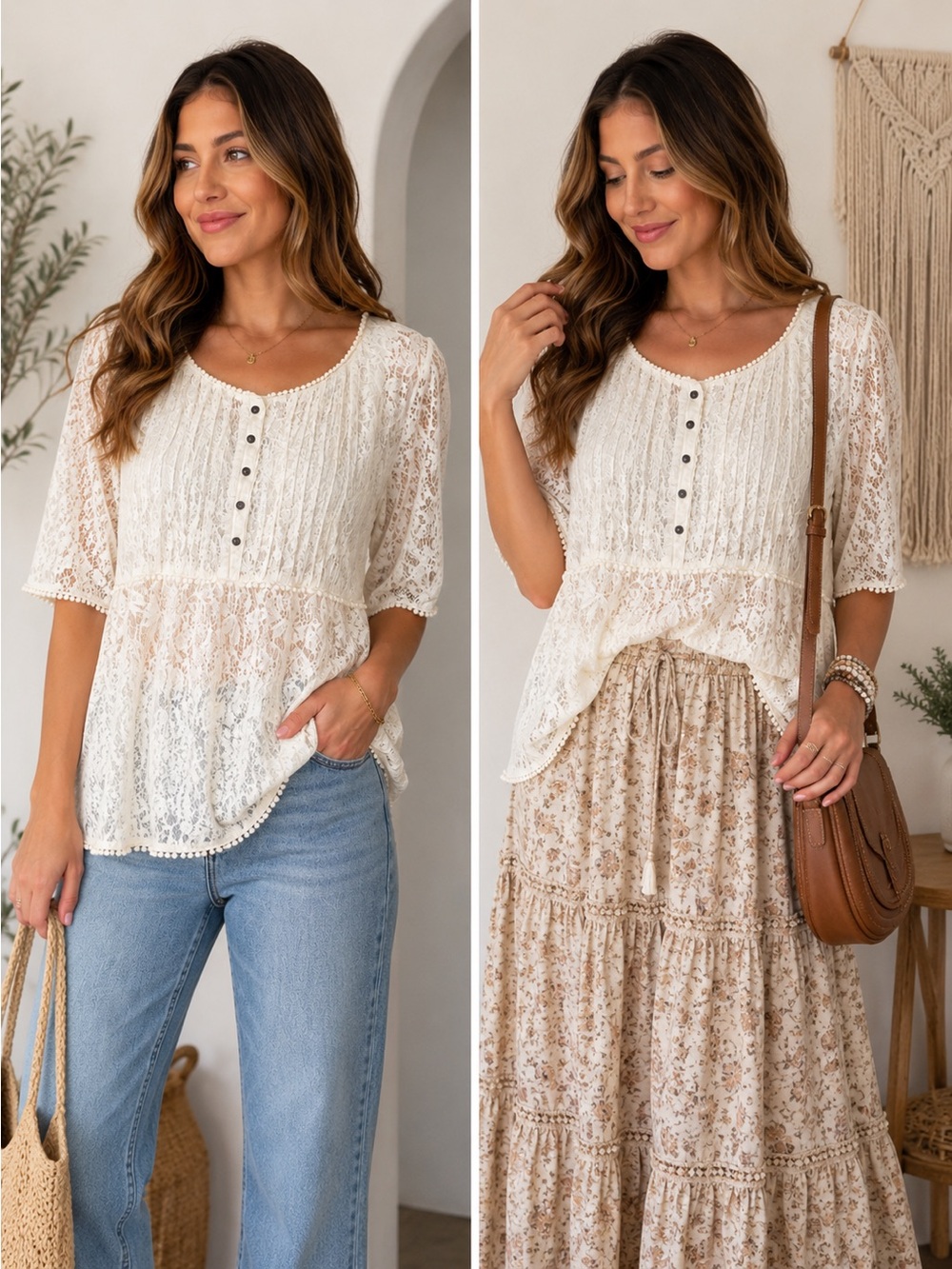 Vintage America Cream Lace Henley Peplum Blouse